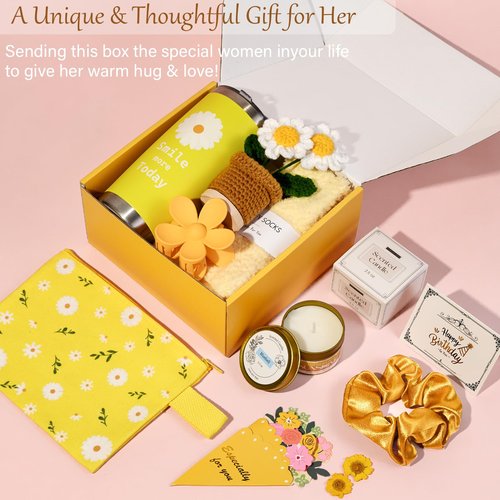 Birthday Gifts for Women Teen Girl, Happy Birthday Gift Box for Her Yellow Daisy Gifts for Women Sister, Daughter, Friends, Girlfriend, Wife, Mom, Coworker Friendship Birthday Gift Basket Care Package