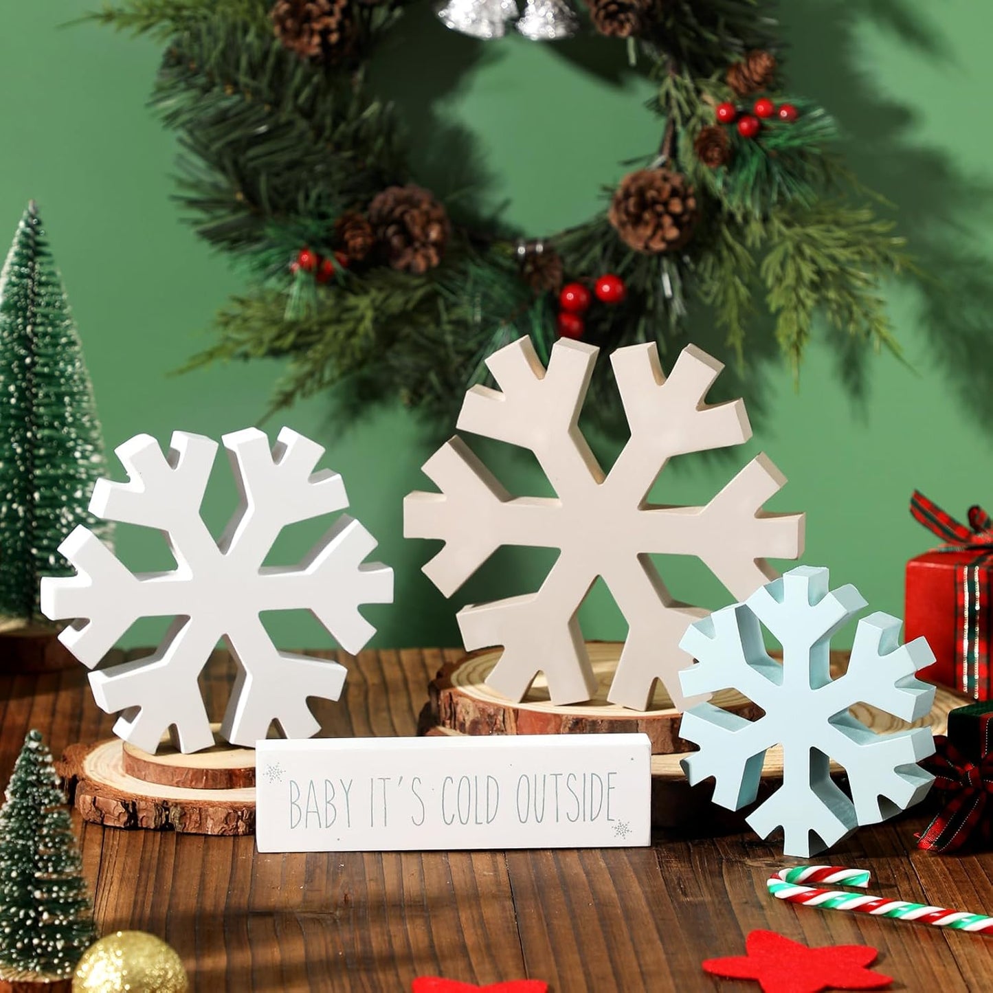 KORMMCO Winter Snowflake Fireplace Decorations - 4Pcs Farmhouse Christmas Decor | White, Brown, Blue