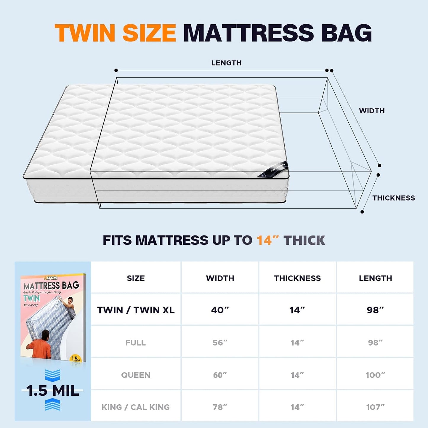 Plastic Mattress Bag - Waterproof Mattress Cover for Moving Supplies | Twin Size (1.5MIL)