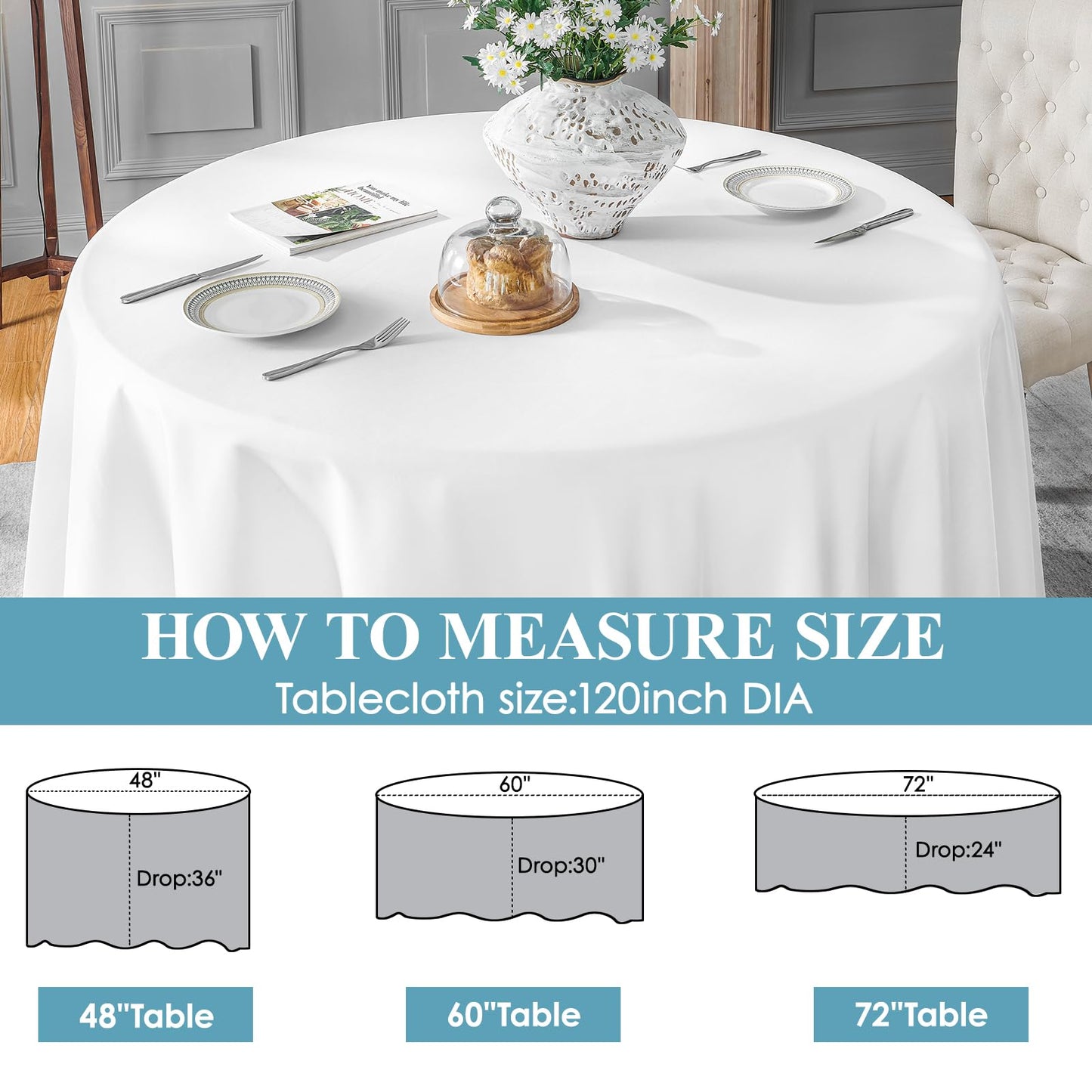 VidaFete 10 Pack 120inch Round Tablecloth Polyester Table Cloth, Stain Resistant and Wrinkle Polyester Dining Table Cover for Kitchen Dinning Party Wedding Round Tabletop Buffet Decoration(White)