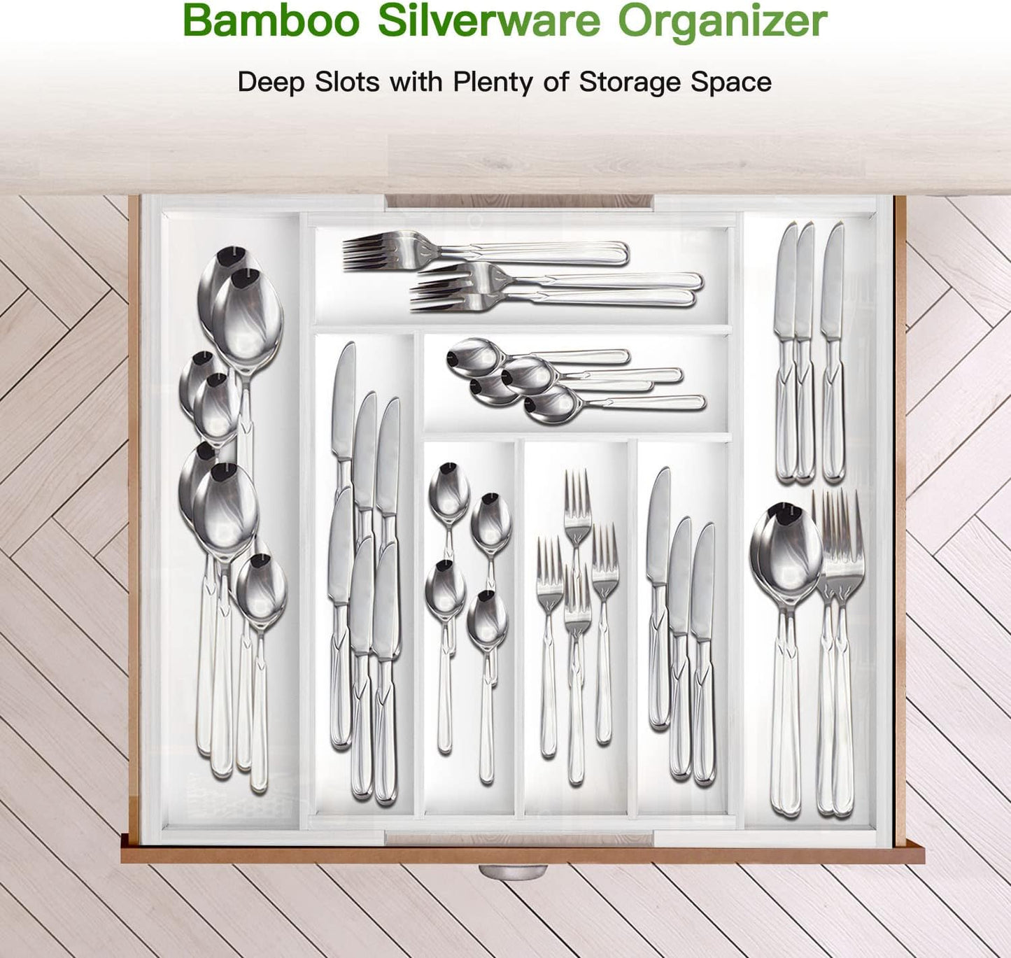 Pipishell Bamboo Drawer Organizer - Adjustable Utensil Holder & Cutlery Tray | White Wood Dividers