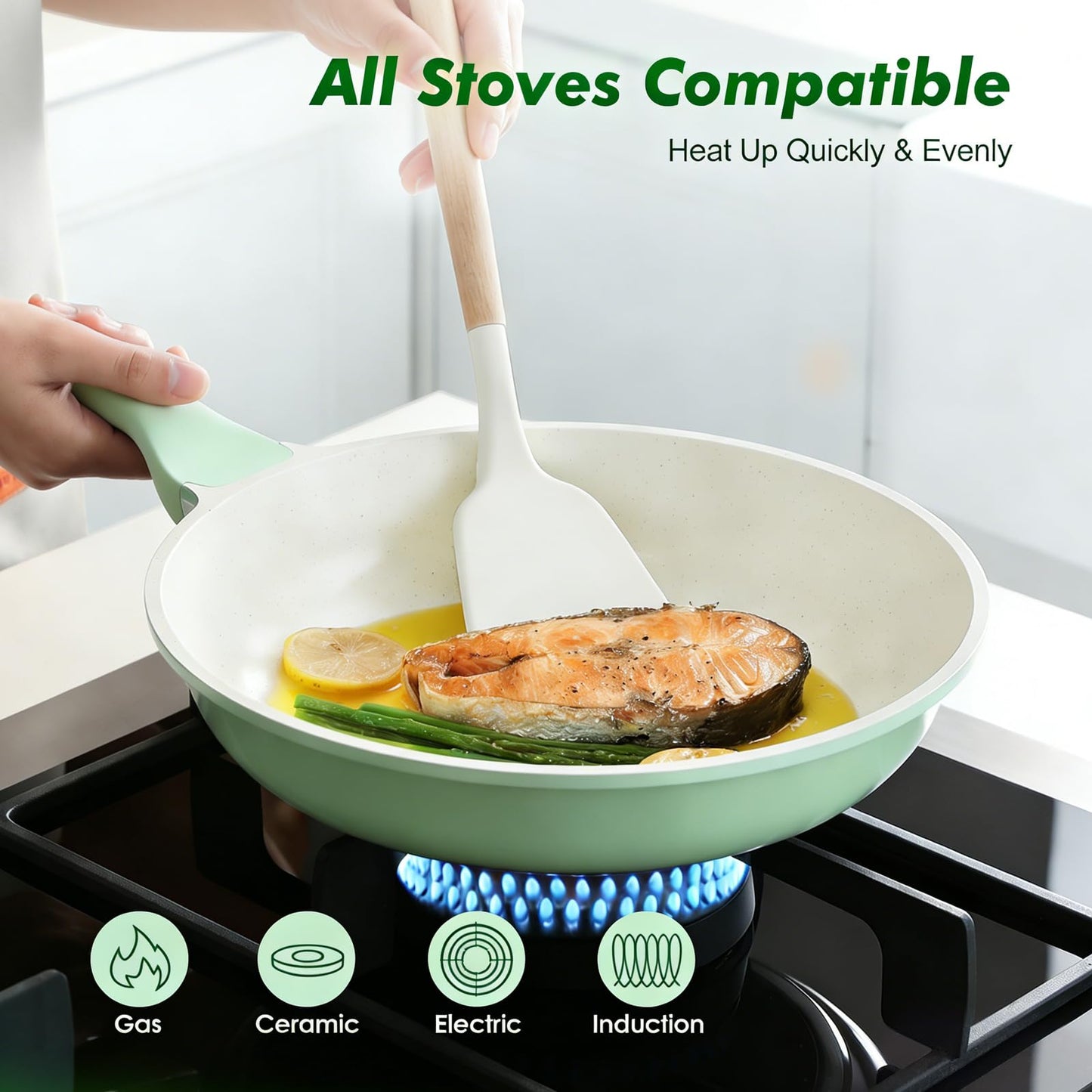 SENSARTE Nonstick Ceramic Frying Pan 10-Inch, Healthy Non Toxic Skillet, Induction Compatible Omelet Pan with Heat Resistant Handle, Dishwasher Safe, PFAS-Free, Green