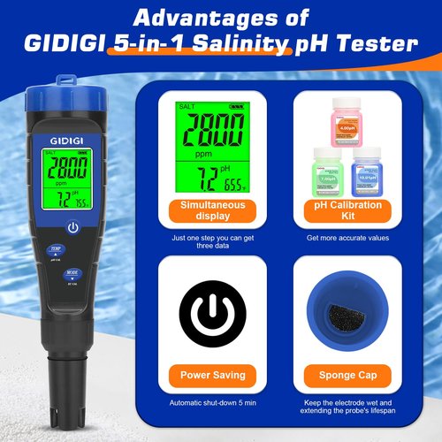 GIDIGI Salt Tester for Pool, pH Meter Digital 5-in-1 pH TDS EC Salt Content Meter with Calibration Solution Set, pH ppm Meter for Salt Water Pool, Aquarium, Hot Tub, Spa, Hydroponics, Home Brew