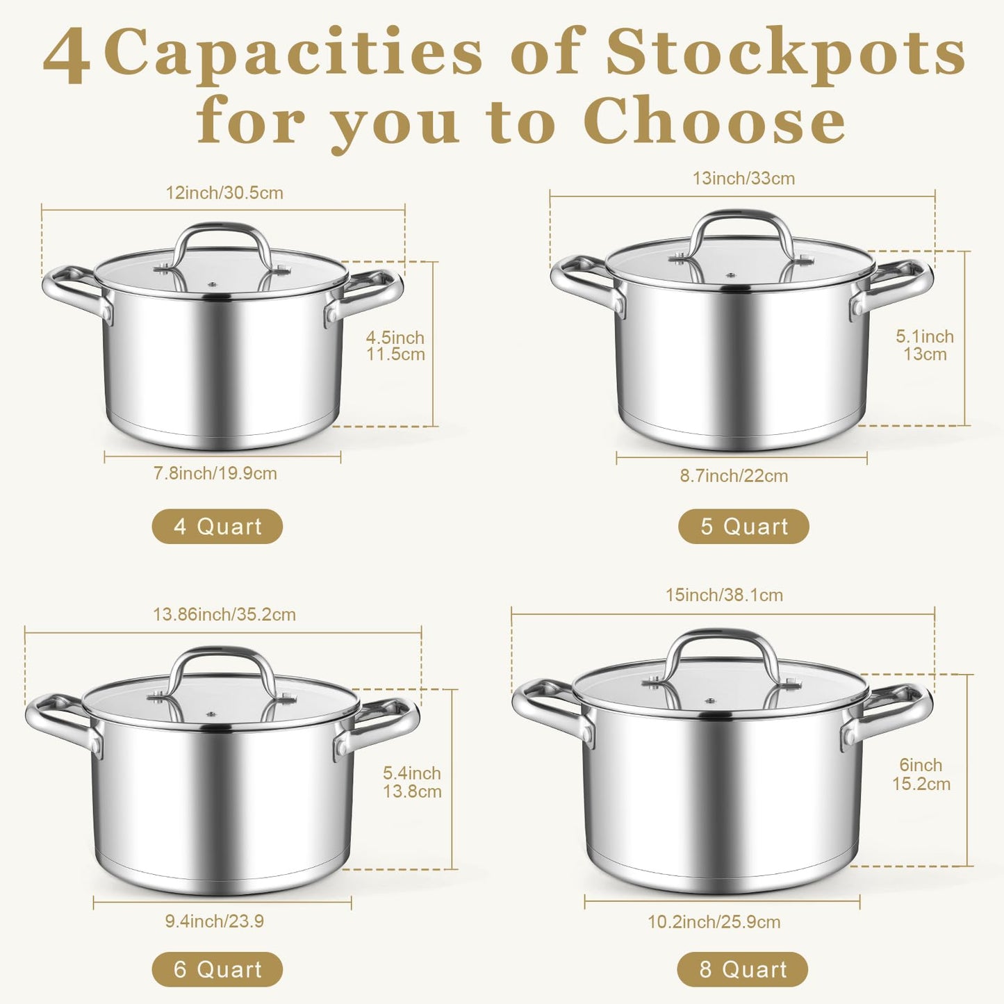 Leonyo Stainless Steel Stock Pot, 8 Quart Stock Pot with Visible Lid, Heavy Duty 3-Ply Induction Cooking Pot for Pasta, Soup, Spaghetti, 18/10 Stainless Steel StockPot for Canning, Boiling, Simmering
