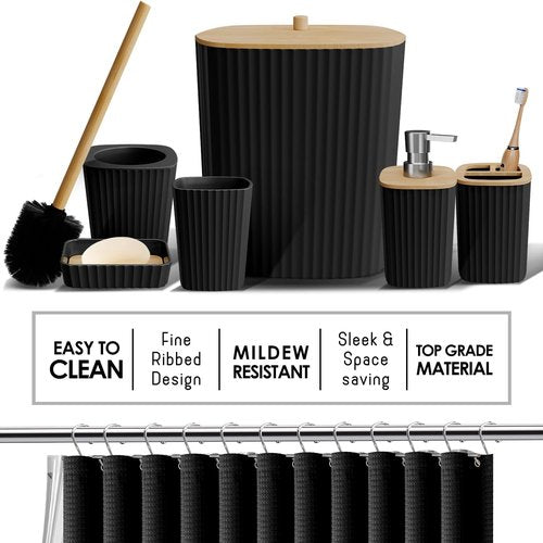 Clara Clark Bathroom Accessories Set - 20-Piece Black Bathroom Set with Shower Curtain, Soap Dispenser & More