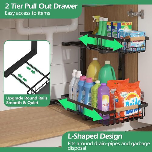 ADRIMER Under Sink Organizer - 2 Tier Pull-Out Kitchen & Bathroom Storage Shelf | Black, Set of 2