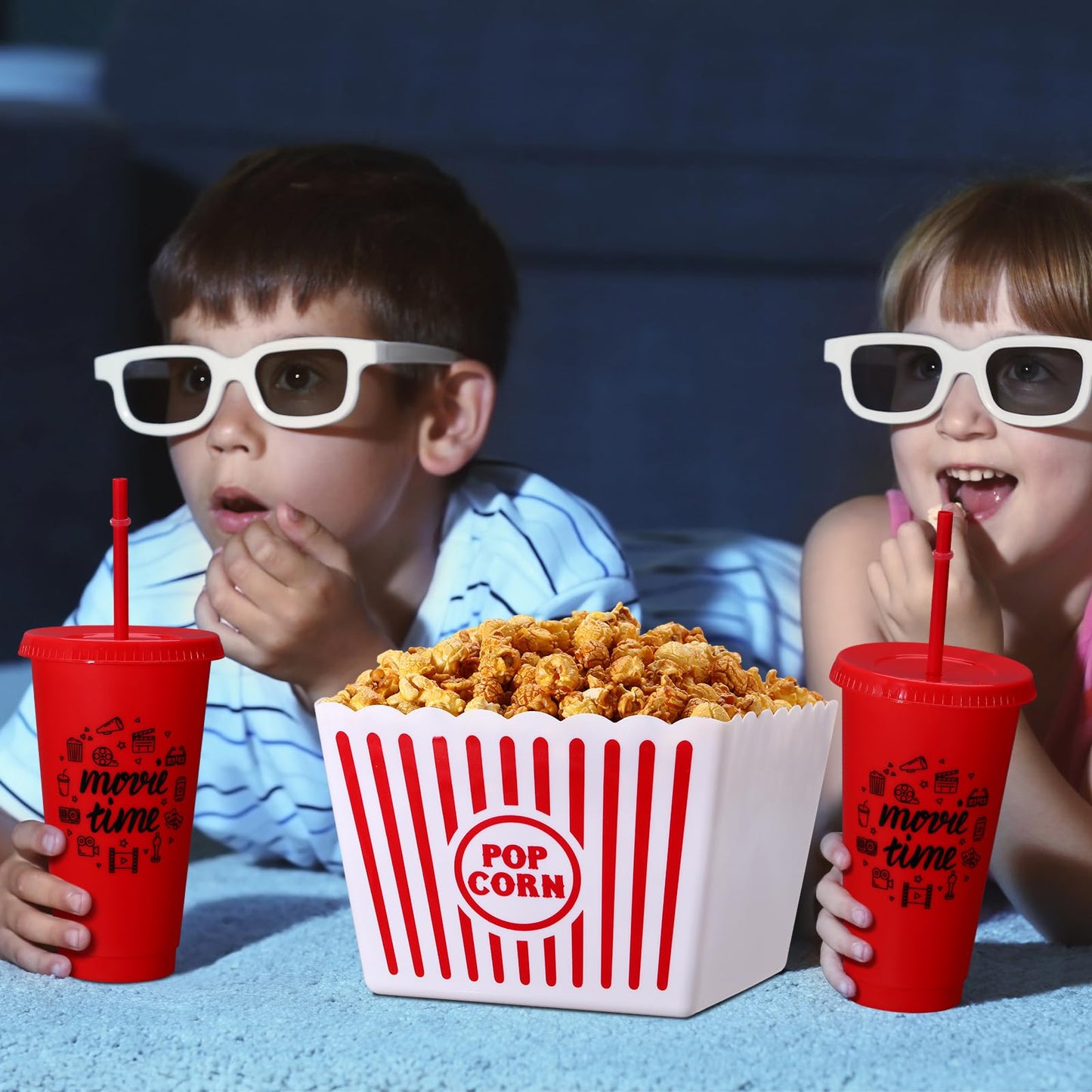 Reallnaive 15 Pcs Movie Night Popcorn Organizer Set Family Red & White Striped Plastic Popcorn Container Reusable Drinking Cup for Holiday Parties, Family Gatherings & Home Theater