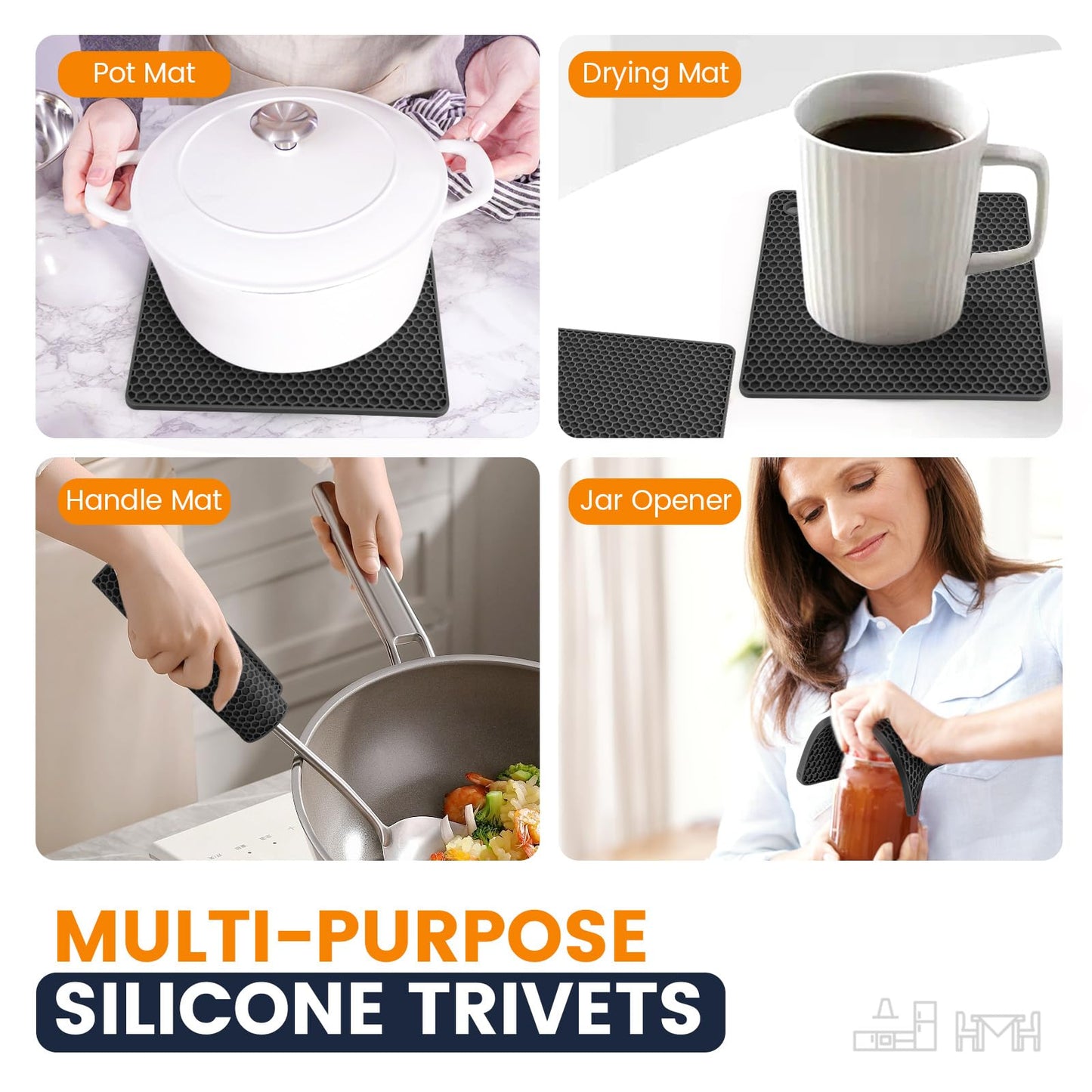 Silicone Trivet Mats 4 Heat Resistant Pot Holders Multipurpose Non-Slip Hot Pads for Kitchen Potholders, Drying mat, Jar Opener, Spoon Holder, Coaster.(Dark Black)