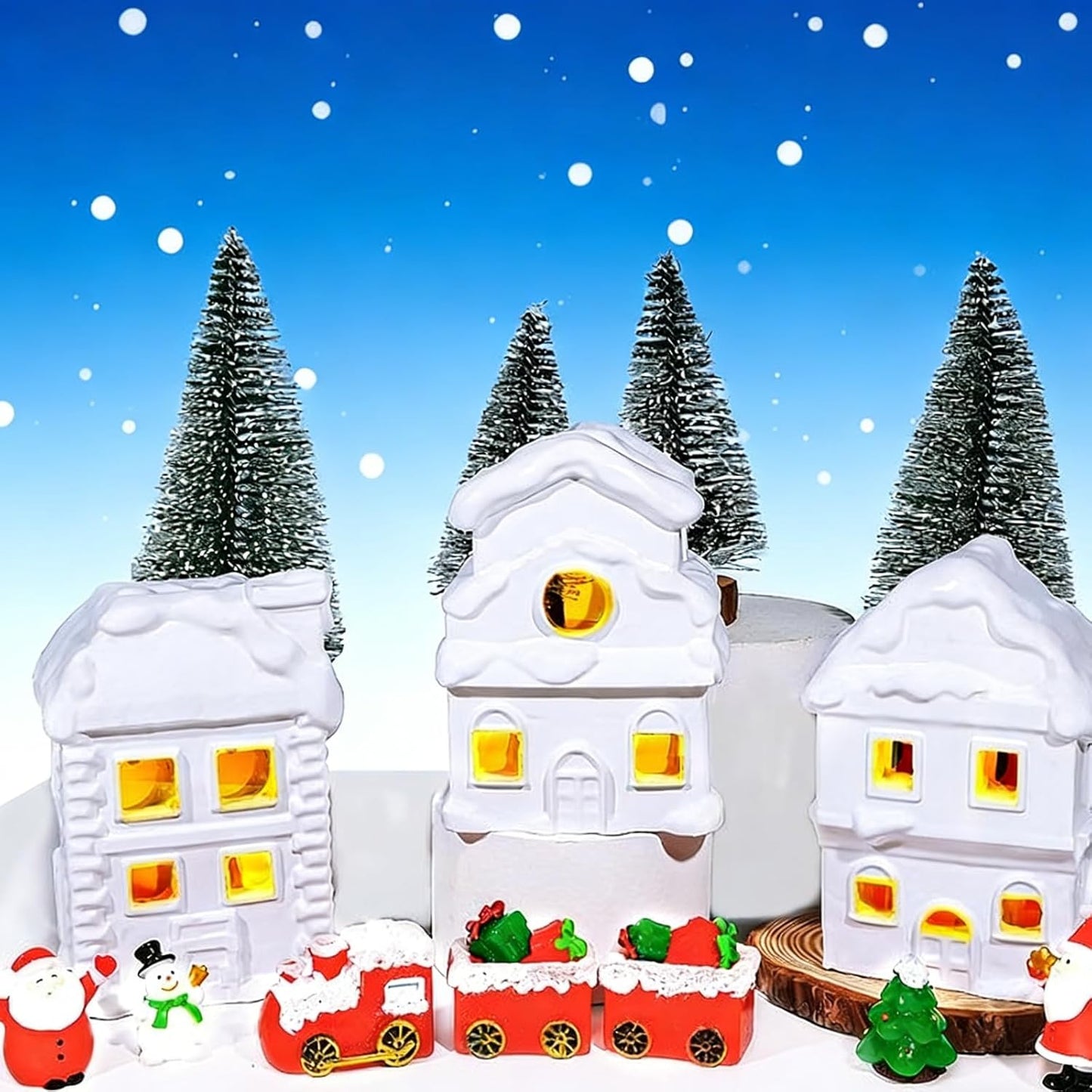 Wowagoga Ceramic Christmas House Village Set - 21 Pcs White Resin Figurines | Light-Up 4.3 Inch Decor
