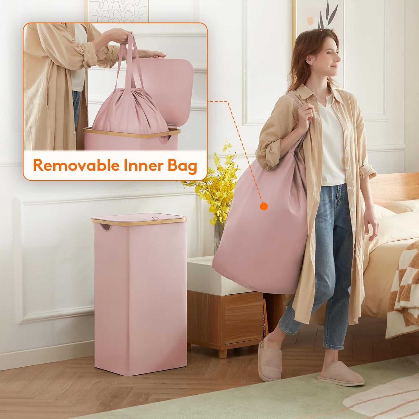 Lifewit 100L Laundry Basket - Foldable Hamper with Lid & Bamboo Handles | Pink, Large Capacity
