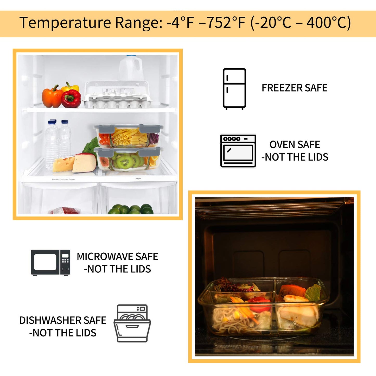 Bayco 8 Pack Glass Meal Prep Containers 3 Compartment, Glass Food Storage Containers with Lids, Airtight Glass Lunch Bento Boxes, BPA-Free & Leak Proof (8 lids & 8 Containers) - Grey