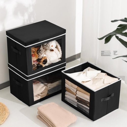 Homsorout Large Storage Bins - Collapsible Fabric Cubes with Lids for Clothes | 15.7 Inch, Black, 6 Pack