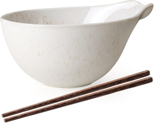 Artena Ramen Bowl Set - 42oz Ceramic Noodle Bowl with Chopsticks | Large White Soup & Pasta Bowl