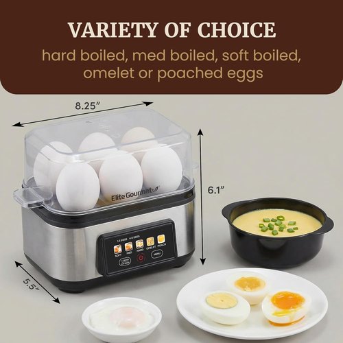 Elite Gourmet Digital Egg Cooker - 6 Egg Capacity, One-Touch Operation & Auto Shut-Off | Stainless Steel Design