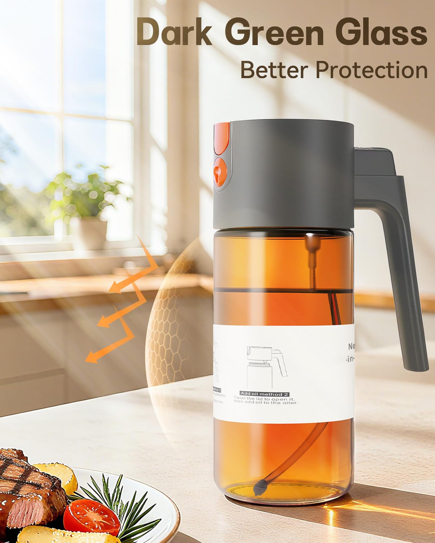 OURCABECUE Upgrade 2 in 1 Oil Sprayer for Cooking, 17oz Light-Blocking Glass Olive Oil Dispenser Bottle for Kitchen,Food-Grade Oil Mister with 8 Stickers for Salad, Frying (Grey)