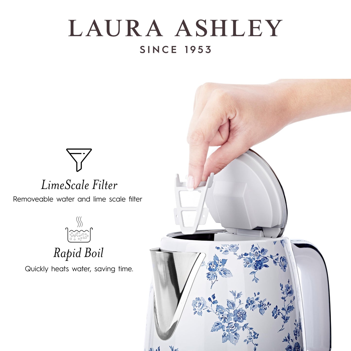 Laura Ashley Stainless Steel Electric Kettle 1.7 Liter - 1500W Rapid Boil Electric Kettles for Boiling Water - Electric Tea Kettles Automatic Shut Off - Overheat & Boil Dry Protection Jug Kettle