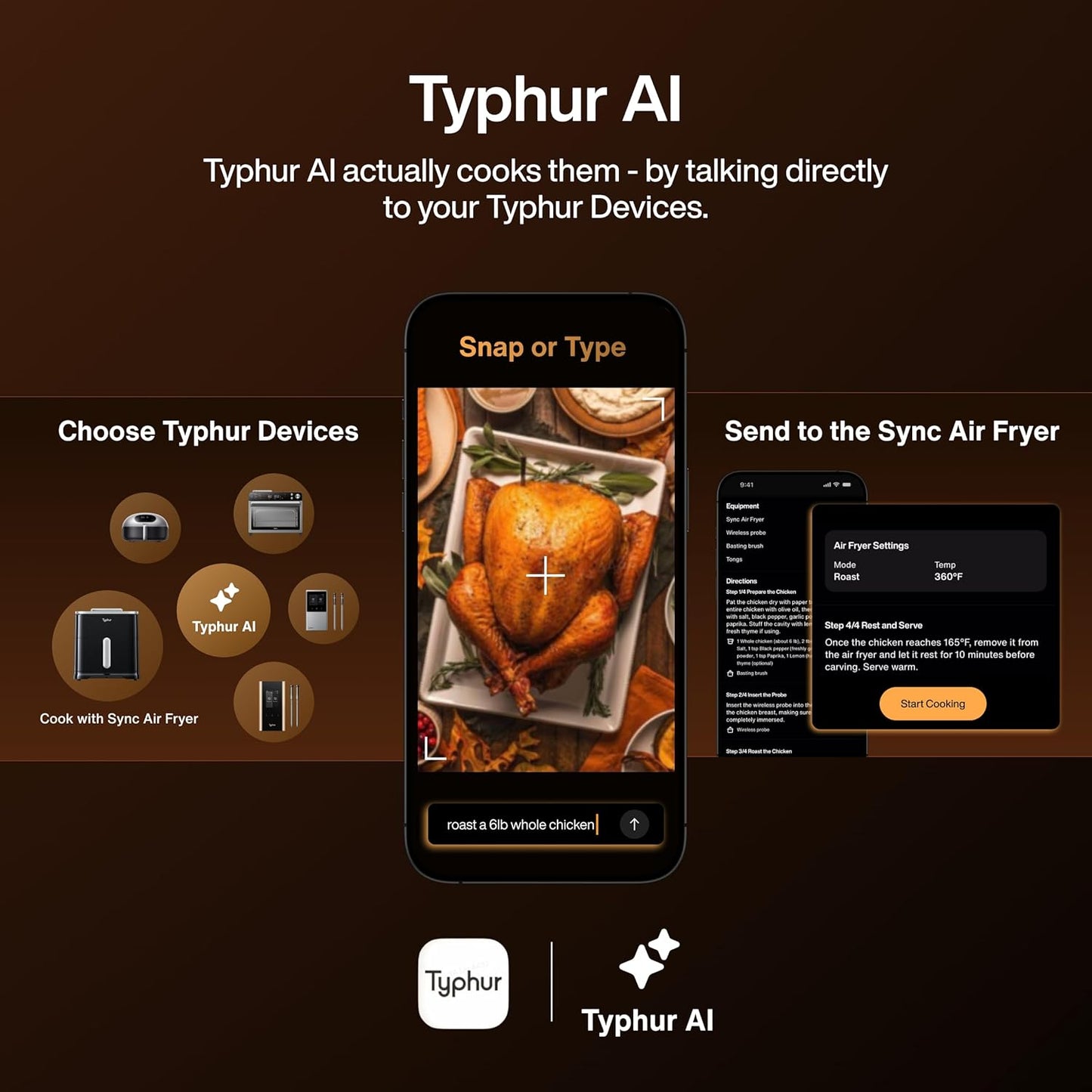Typhur Sync 8QT AI Smart Air Fryer - 9-in-1 Non-Toxic Ceramic with Wireless Meat Thermometer | Cooks 6lb Chicken