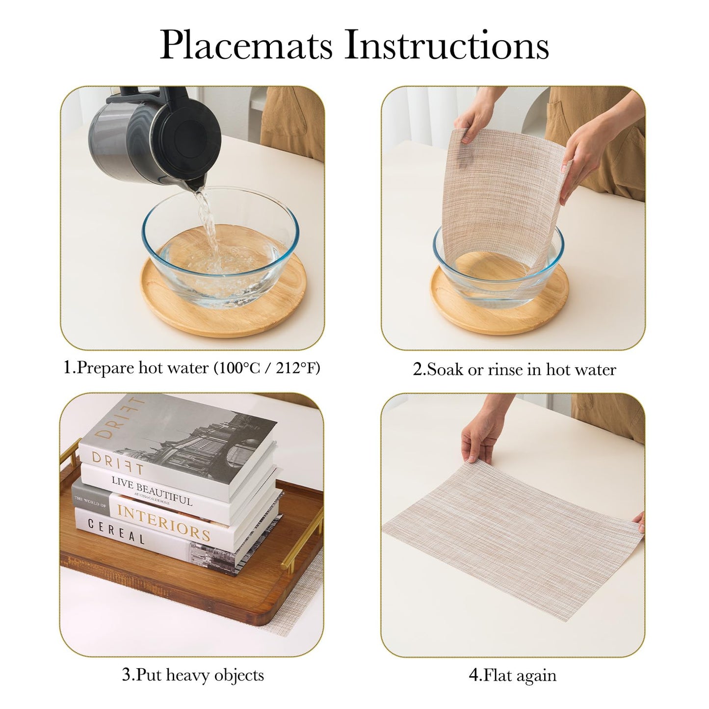 BACKTOEDEN Placemats Set of 6 Heat Resistant Washable Wipeable Placemat Woven Non-Slip Foldable Vinyl/Plastic Place Mats Indoor/Outdoor Mat Kitchen Dining Table Pad, Gray