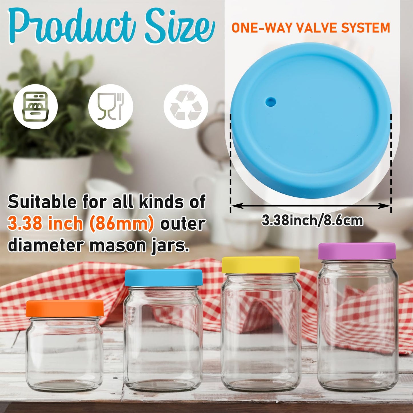Teenyyou 6 Pcs Silicone Fermenting Lids for Wide Mouth Mason Jar, Airlock Waterless Fermenter Caps, 86 mm Silicone Cover with Vent for Kimchi, Fermented Probiotic Food, Jars Not Included(Classic)