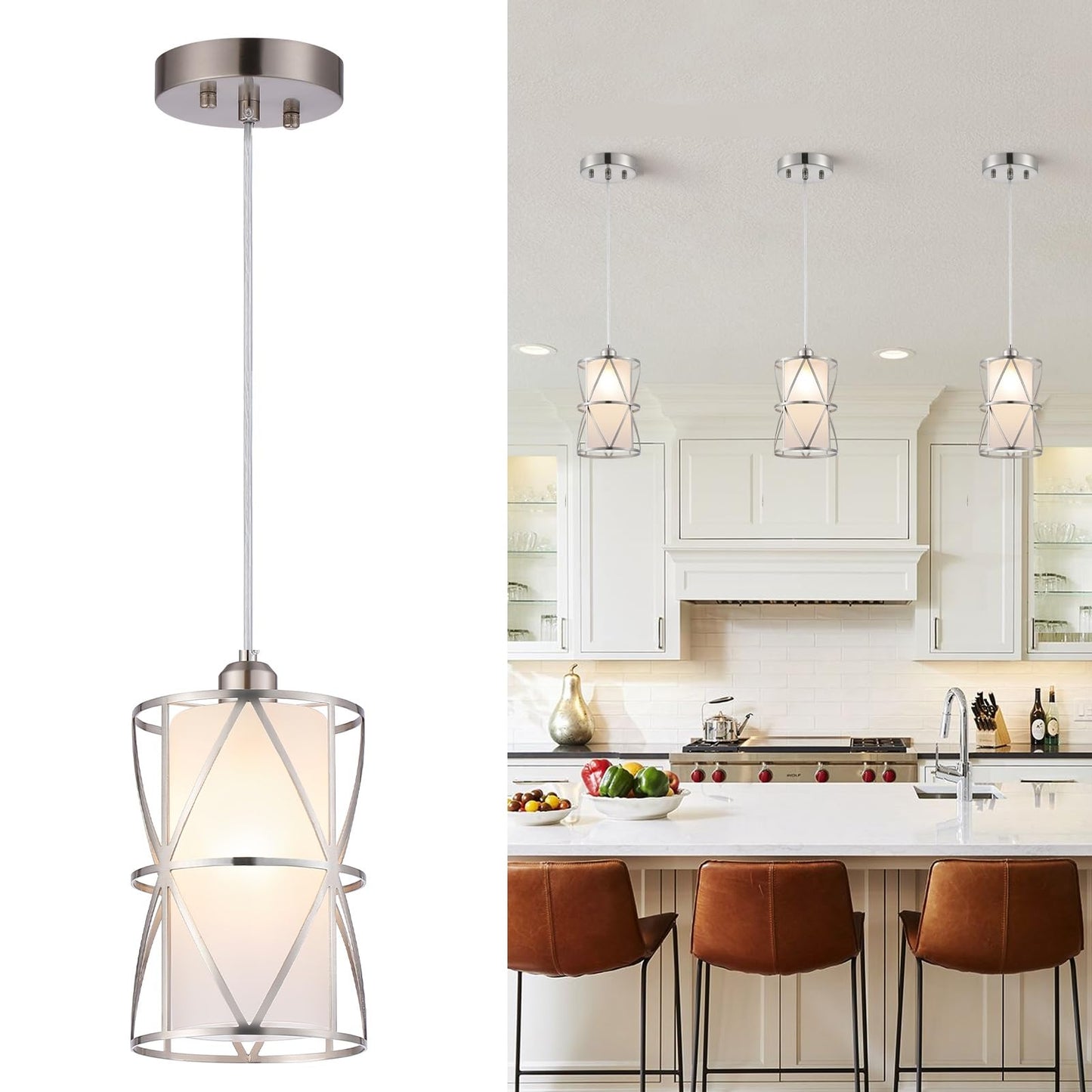 Zlierop Pendant Light with Frosted Glass, Modern Pendant Lights Kitchen Island, Brushed Nickel Pendant Light Fixtures, Cylindrical Pendant Lighting for Kitchen Island, Dining Room, Foyer