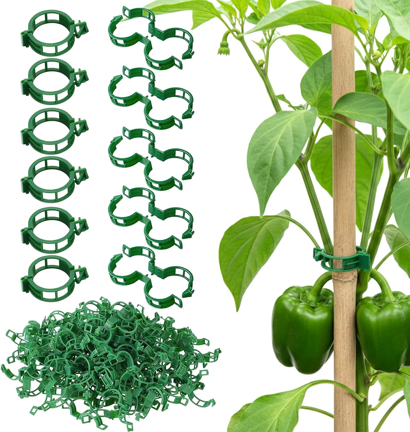 Skiennix Plant Support Clips - 100 Pcs Plastic Tomato Vine Clips for Securing Climbing Plants - Green