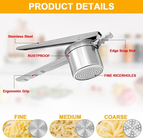 **Skiennix Heavy-Duty Stainless Steel Potato Ricer - 15oz Masher with 3 Interchangeable Discs**