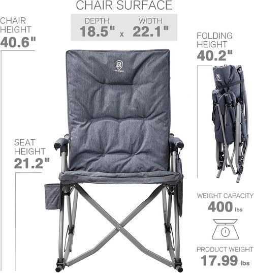 Ever Advanced Oversized Folding Rocking Camping Chair - Padded Portable Rocker for Outdoors | Supports 400lbs, Grey