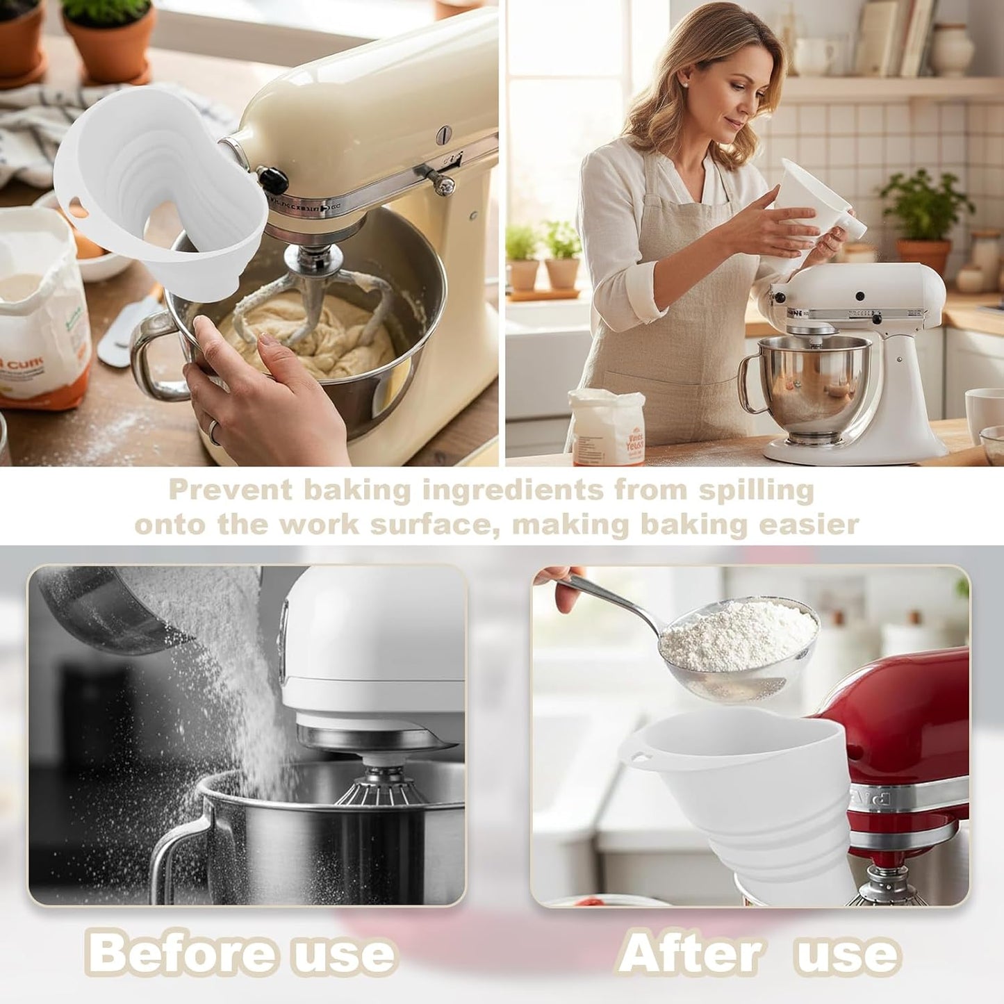 KitchenAid Silicone Flour Funnel - Foldable Anti-Splash Accessory for 5-Quart Tilt-Head Mixer | Dishwasher Safe (White)