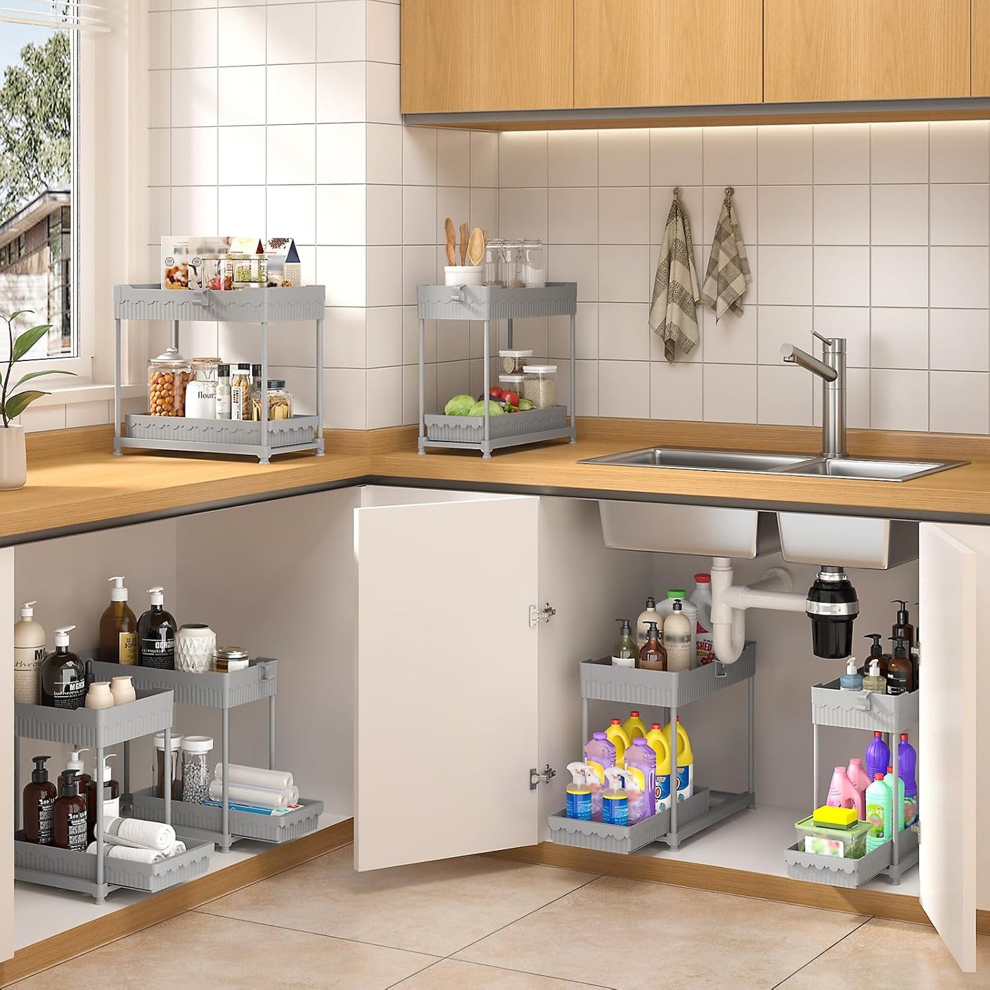 Sevenblue 3-Pack Under Sink Organizers - 2-Tier Kitchen & Bathroom Storage with Sliding Drawers | Gray, 12.8 Inch