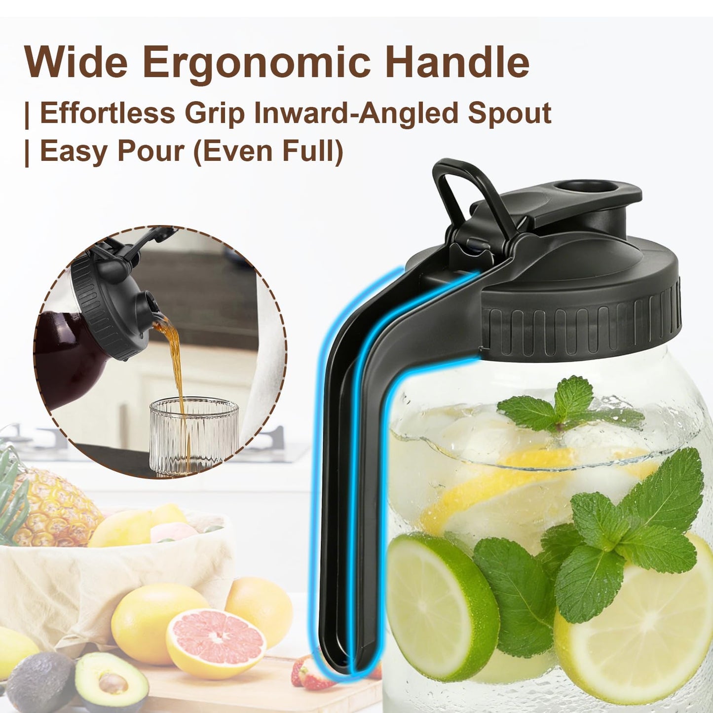 64 oz Glass Mason Jar Pitcher with Lid, Handle & Non-Slip Silicone Base, Food-Grade Leakproof & Airtight – 2-Quart Iced Tea Pitcher for Fridge, Breast Milk Storage, Sun Tea & Cold Brew (Black)