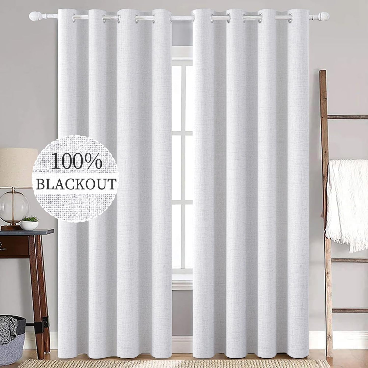 MIULEE Blackout Curtains - 100% Thermal Insulated Linen Texture Drapes | Grayish White, 52x108 Inch (2 Panels)