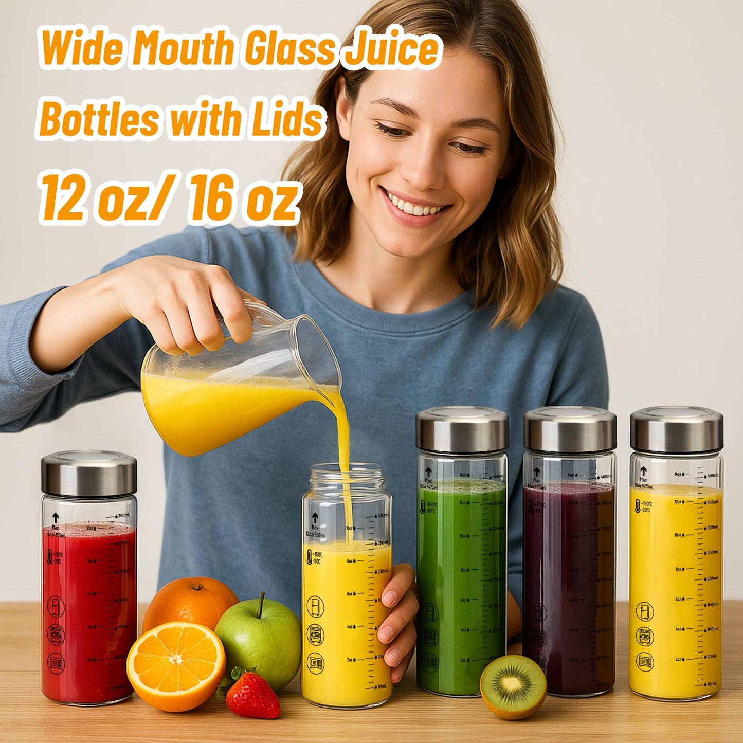 Luxfuel 12 oz Glass Juice Bottles with Lids, 6 Pack Wide Mouth Borosilicate Glass Bottles with Stainless Steel Lids, Heat-Resistant, Leakproof & Reusable for Juicing, Smoothies, Milk, Water, BPA-Free