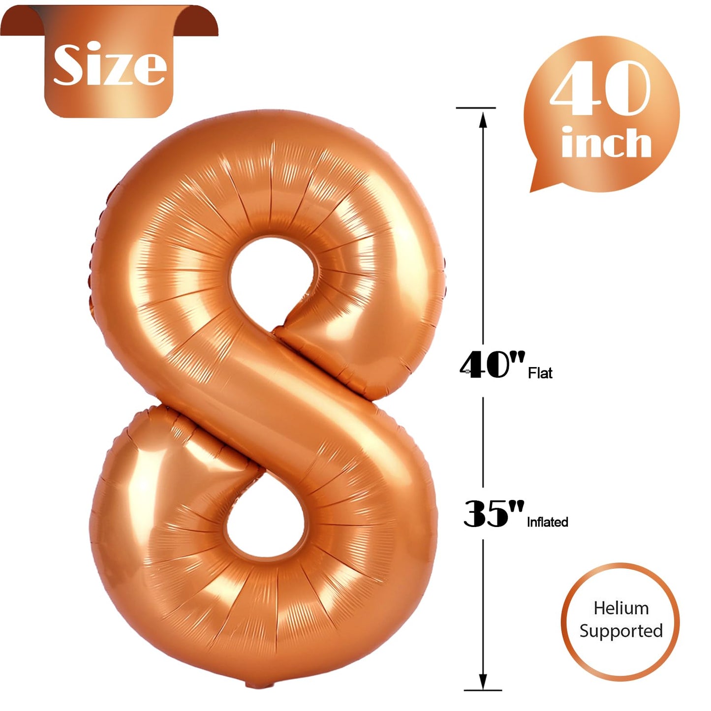 Orange 8 Balloon, Number Balloon 40 Inch, Orange Birthday Decorations, 8 18 28 38 80 Birthday Balloons, 8th Party Supplies, Number 8 Balloon