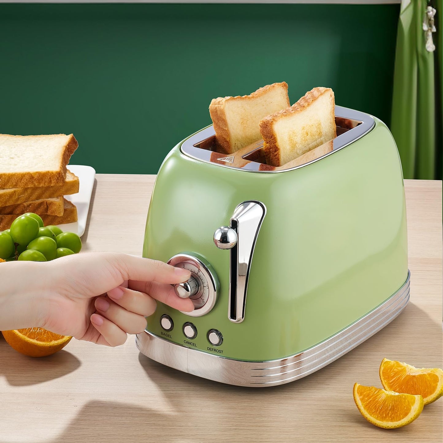Wiltal Green Retro 2-Slice Toaster - 1.58" Wide Slots, Stainless Steel Lid, Warming Rack & Countdown Timer
