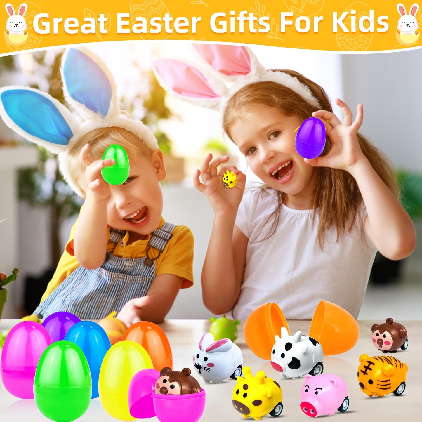 12 Pack Filled Easter Eggs with Toys Inside, Animals Bunny Pull Back Cars Easter Eggs Filled for Kids Boys Girls Easter Egg Hunt Party Favors Easter Basket Stuffers Essential Filler Classroom Prize