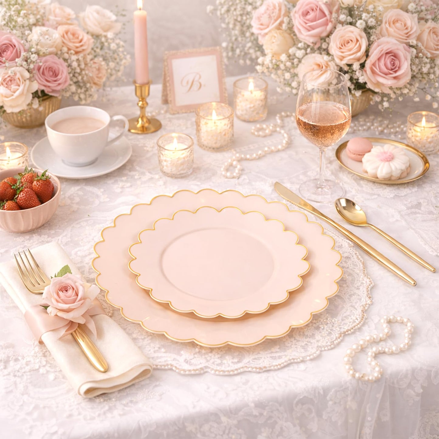 LIYH 60 Pcs Pink Plastic Plates with Gold Pink Plates Disposable Plate Includes 30 Dinner 10.25" and 30 Dessert Plate 7.5" for Baby Shower,Weddings,Parties,Birthday,Mothers Day
