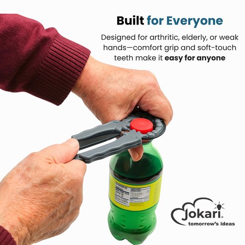 Jokari Multi Bottle Opener for Jars Bottles and Cans 3 in 1 Easy Grip Lid Opener for Weak Hands Twist Caps Pull Tabs Pop Tops and Small Lids Arthritis Aid Manual Kitchen Tool Black
