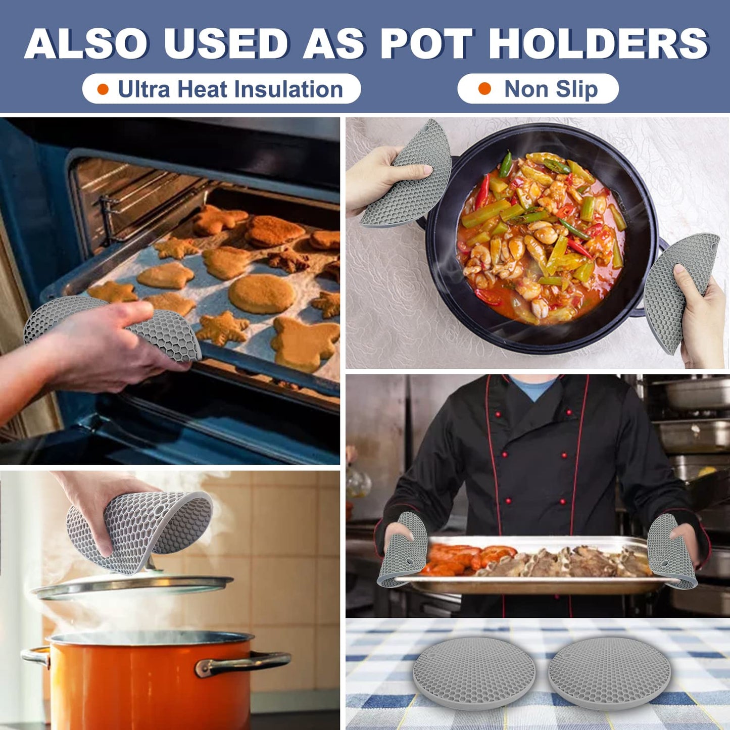 Silicone Trivet Mats - Walfos Heat Resistant Pot Holders Set, 4pcs 2 Sizes 7 Inch & 9 Inch, Multipurpose Non-Slip Hot Pads for Hot Pot, Hot Dishers, Jar Opener, Food Grade & BPA Free (Nordic Grey)