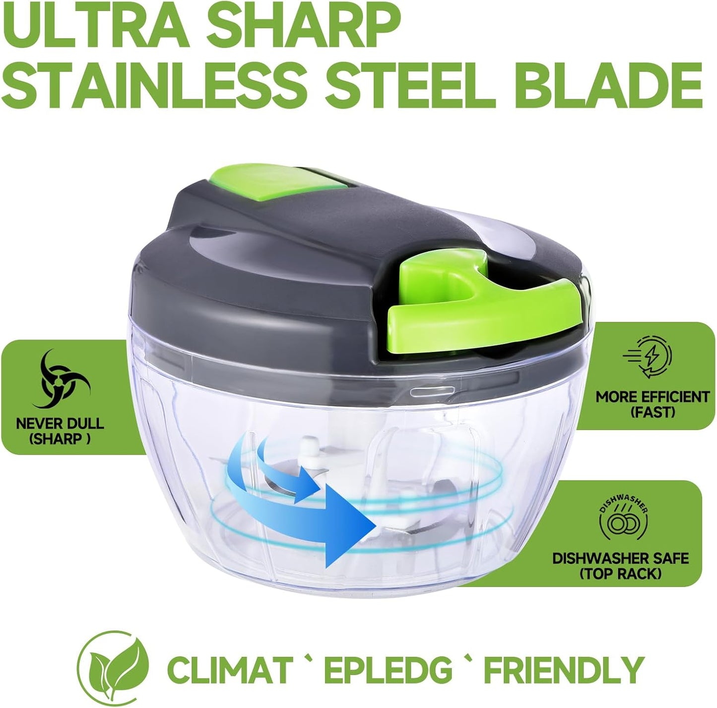 Skiennix Manual Food Processor - Portable Hand-Pull Vegetable Chopper | 500ml Gray-Green Mincer for Garlic, Onions, and More