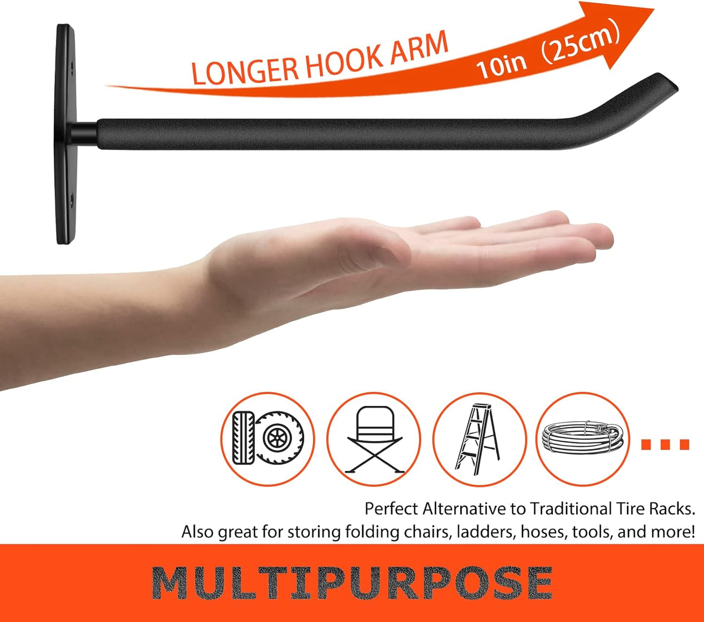 Skiennix Tire Rack Wall Mount - Heavy Duty 10-Inch Garage Hooks for Organizing Wheels & Tools | 4-Pack