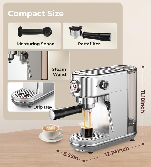 atatix Espresso Machine with Milk Frother, 20 Bar Pressure Espresso Maker, with 44OZ Removable Tank, Compact Stainless Steel Coffee Machine for Home, Office, Latte, Cappuccino, Macchiato, Silver
