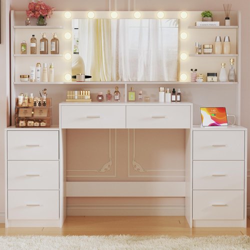 HUAHUU Large Vanity Desk with Mirror & Lights, White Makeup Vanity with 8 Drawers & 6 Storage Shelves, Vanity Set with LED Lights and Power Outlet, 3 Lighting Modes, Adjustable Brightness