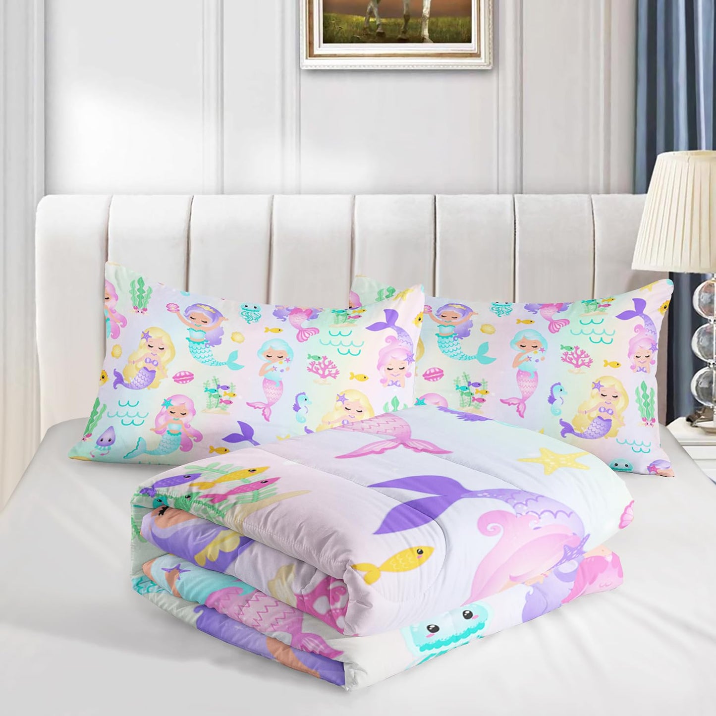 XYNHML Rainbow Mermaid Comforter Set Twin/Full/Queen Size Fairy Tale Sea Shell Grass Bedding Set Starfish Jellyfish Quilt Bed Set for Kid Girls with 1 Comforter and 2 Pillowcases