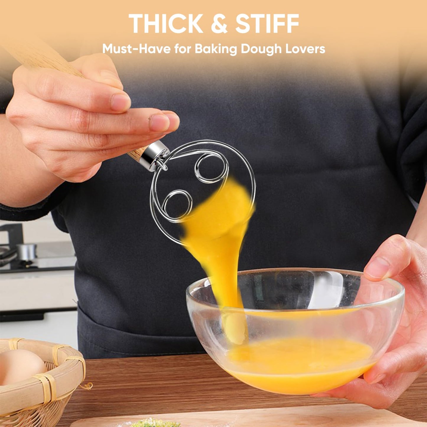 Maxjoy Danish Dough Whisk for Bread Sourdough Baking Mixing - Stainless Steel Hook with Wooden Handle