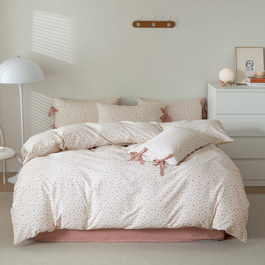 AOJIM Pink Floral Print Duvet Cover Twin Size Pure Cotton Soft Cottage Floral Striped Bedding Set 3pcs Exquisite Girls Women Bedding Duvet Cover with 2 Bowknot Pillowcases, Soft & Breathable