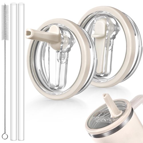 ANTAND 2 Pack Leakproof Lid Replacement 40 oz for Stanley Cup Accessories, Flip Straw Tumbler Leak Proof Lids for Stanley Quencher H2.0, Dust-Proof Straw Cover for stanley cups 40oz (Beige, Beige)