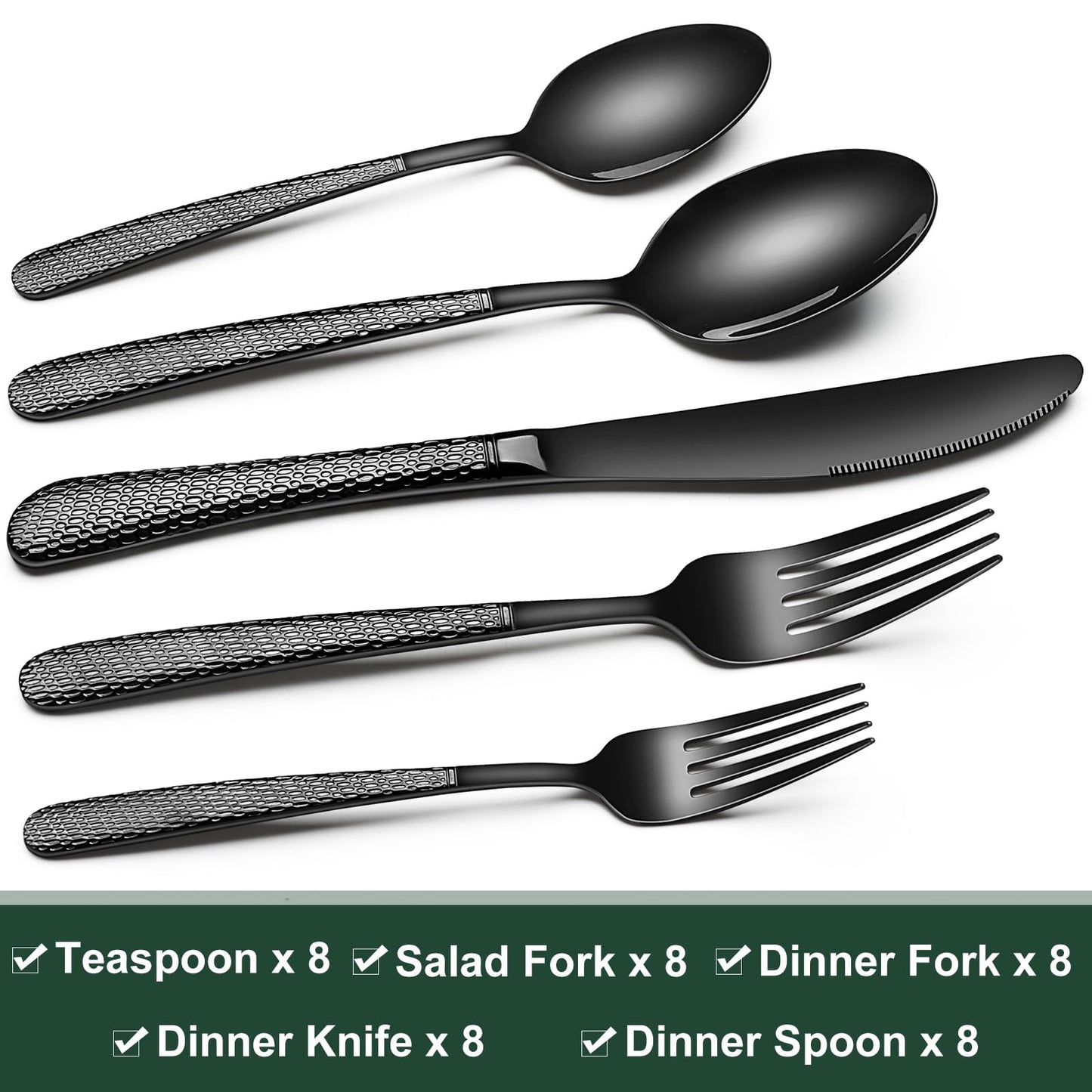 Black Hammered Silverware Set, 40-Piece Stainless Steel Heavy Duty Flatware Set for 8, Food-Grade Tableware Cutlery Set, Utensil Sets for Home Restaurant, Mirror Finish, Dishwasher Safe