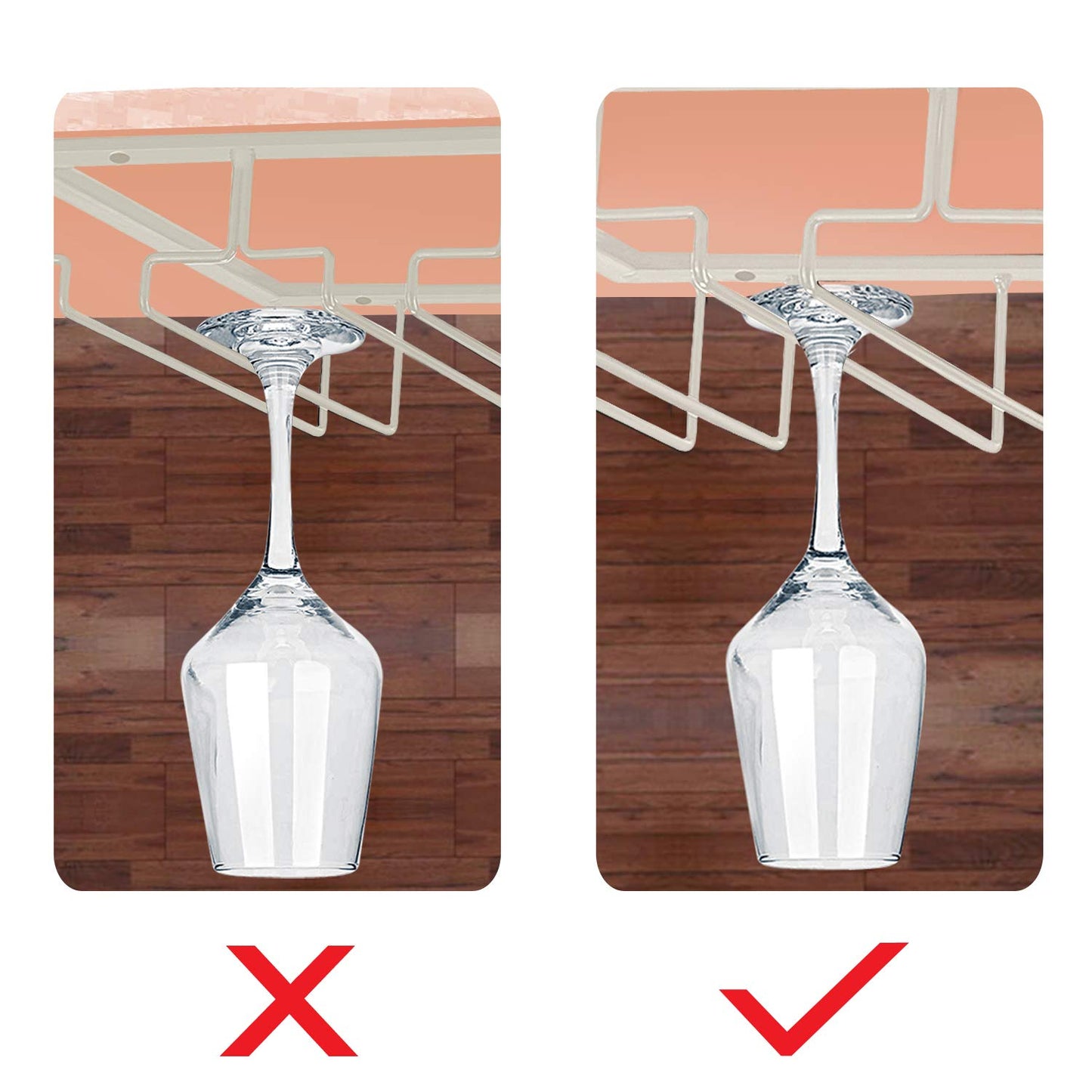 MOCOUM Wine Glasses Rack Under Cabinet Stemware Rack, Wine Glass Hanger Rack Wire Wine Glass Holder Storage Hanger for Cabinet Kitchen Bar (White, 3 Rows 2 Pack)
