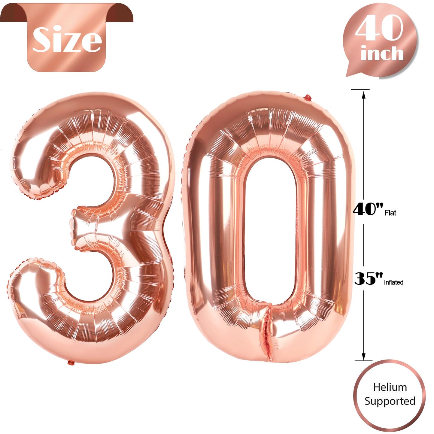 Rose Gold Number 30 Balloon 40 inch, 30 Number Balloons, 30th Birthday Decorations, 30 Year Old Women Men Rose Gold Party Supplies