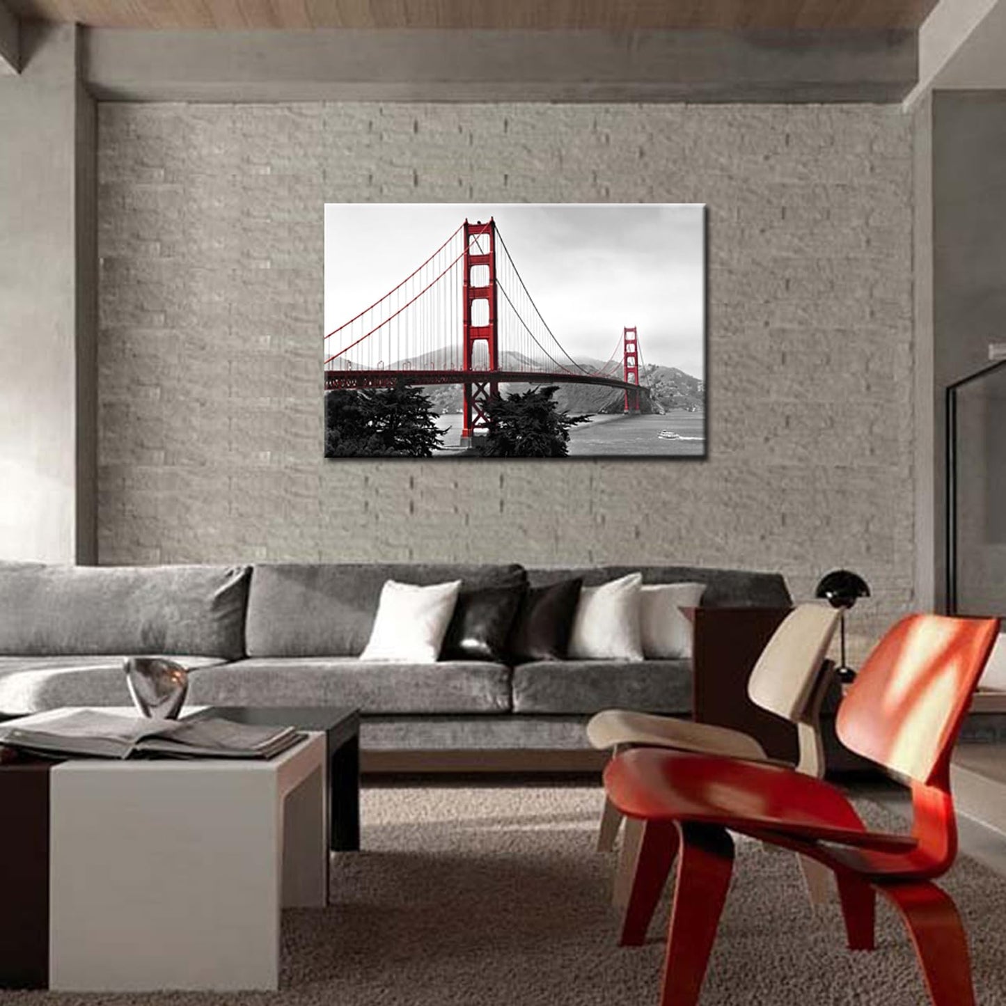 LevvArts Golden Gate Bridge Canvas Wall Art San Francisco Bridge Picture Painting Modern Black and White Red Home Wall Decoration -24"x 36"